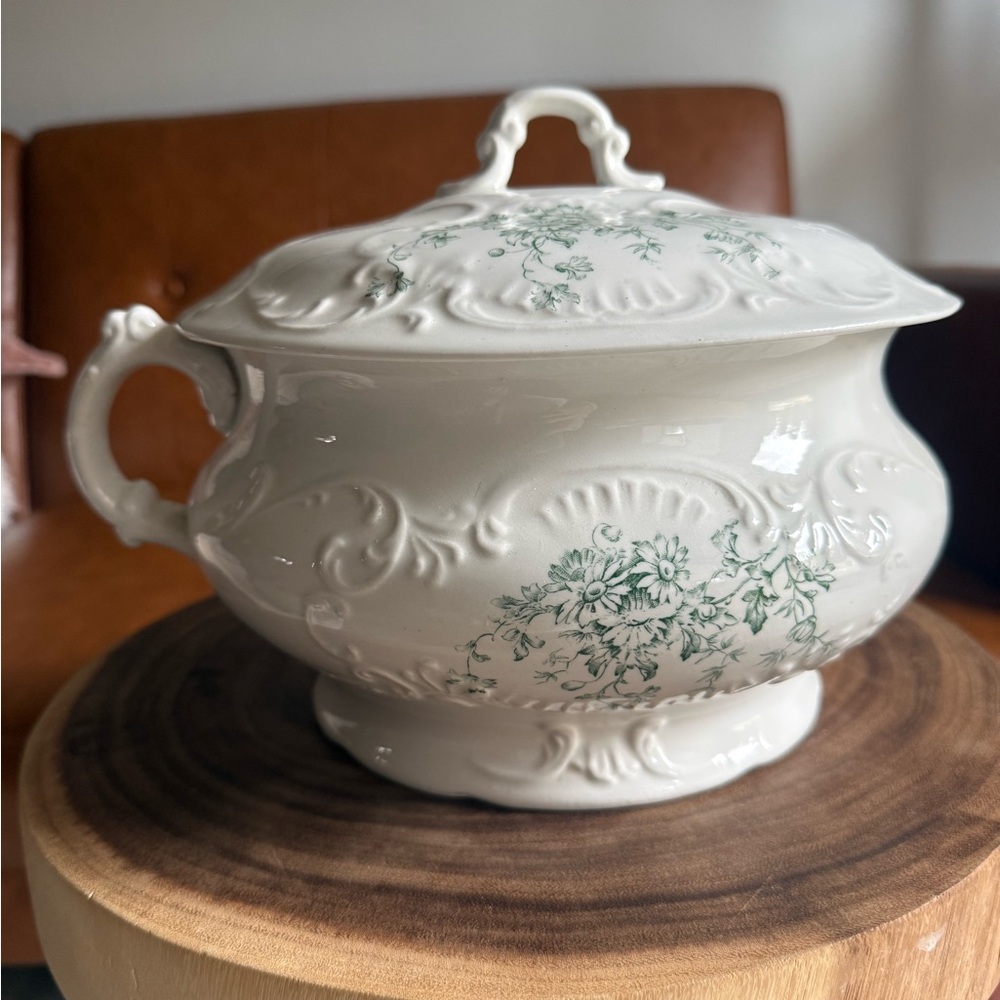 White Porcelain Covered Tureen with Green Floral Motif